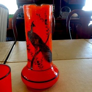 Vintage blown glass pitcher orange with silver peacock